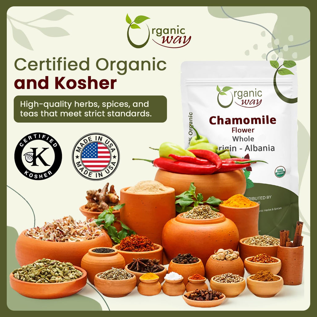 Back label of Organic Way chamomile tea showing ingredient purity details and certifications.