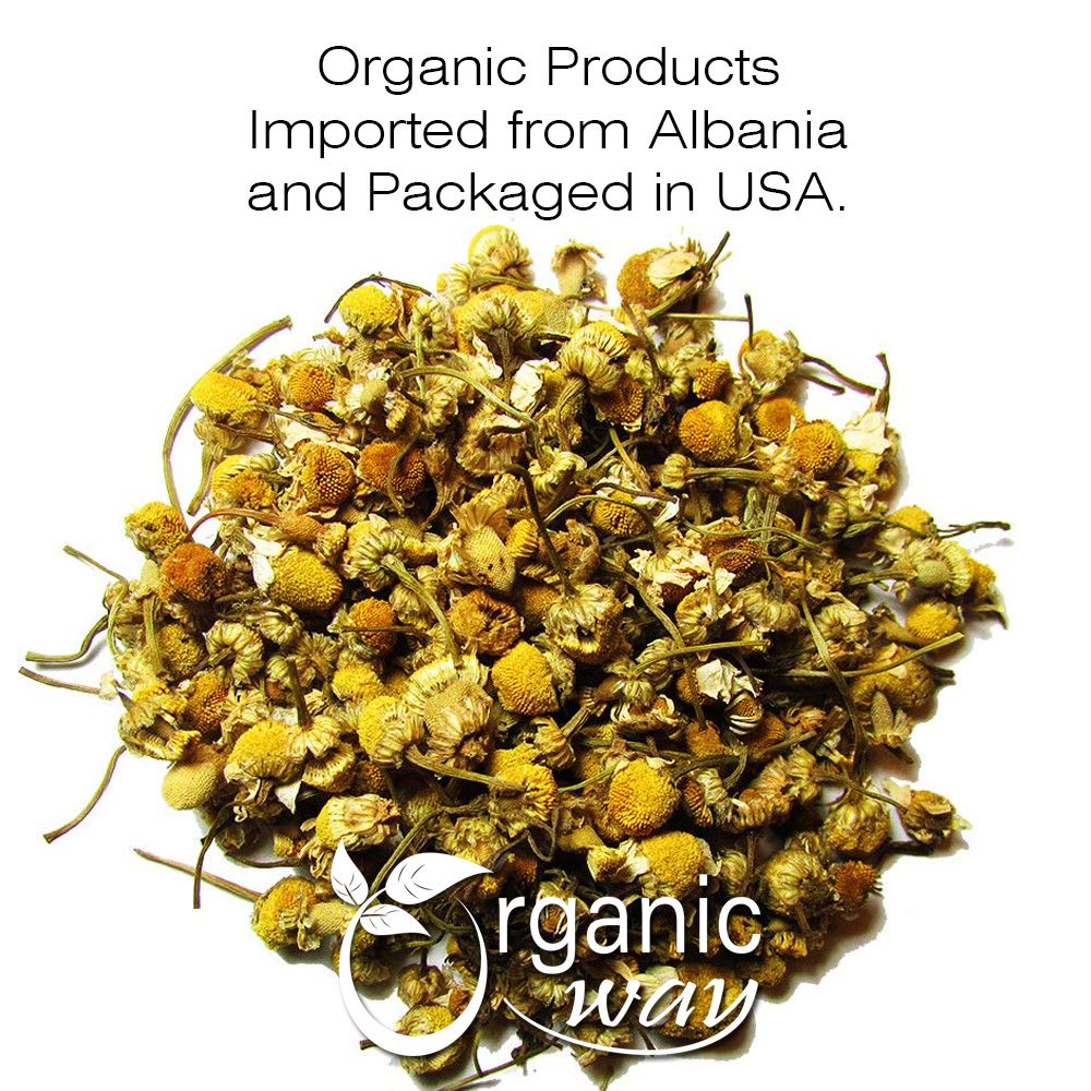 Organic Way whole chamomile flowers spread out illustrating uniform quality and freshness.