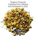 Organic Way whole chamomile flowers spread out illustrating uniform quality and freshness.