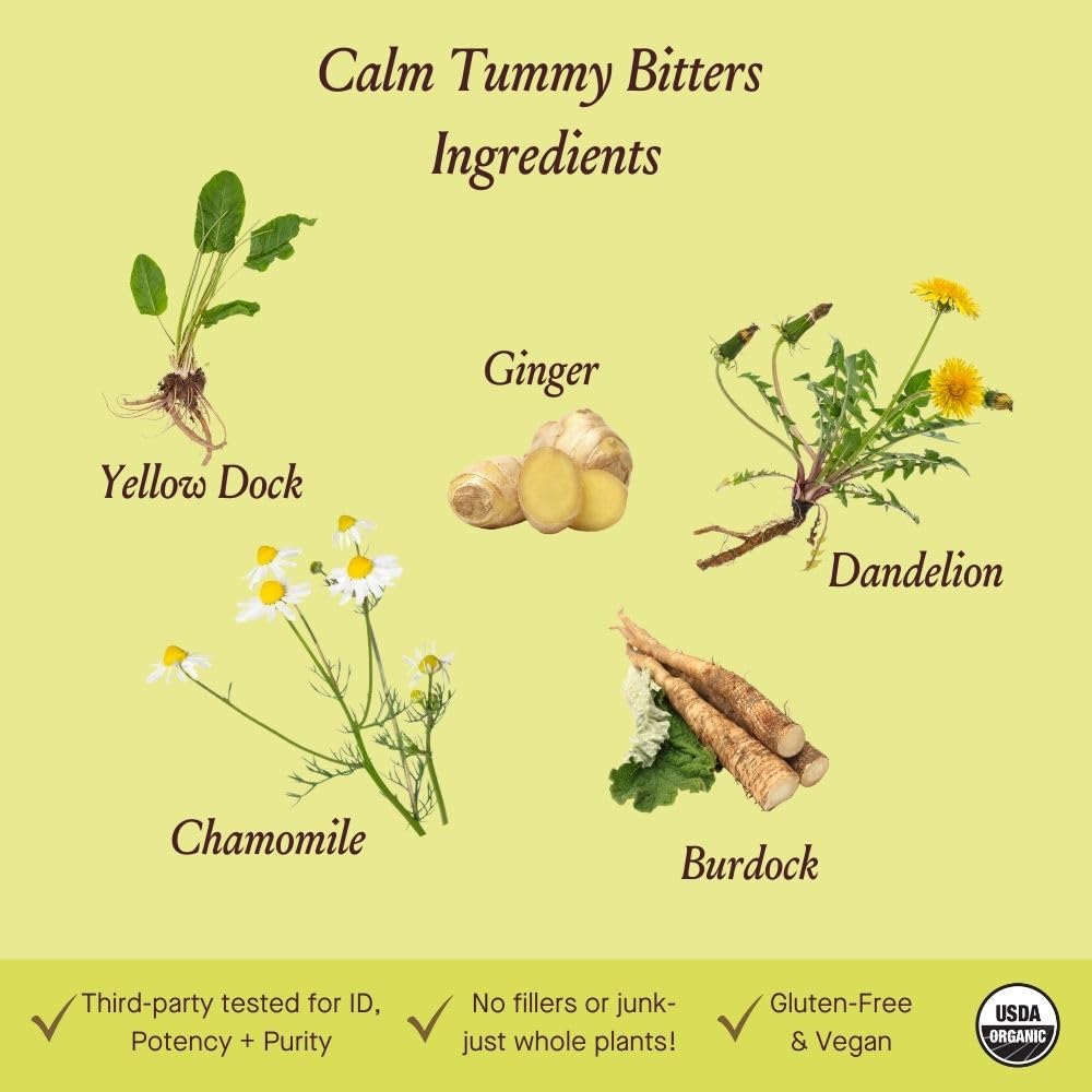 Back label of Urban Moonshine Calm Tummy Bitters showing certified organic ingredients and usage instructions