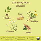 Back label of Urban Moonshine Calm Tummy Bitters showing certified organic ingredients and usage instructions