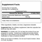 Supplement facts label on German Chamomile flower capsules showing ingredients and directions.