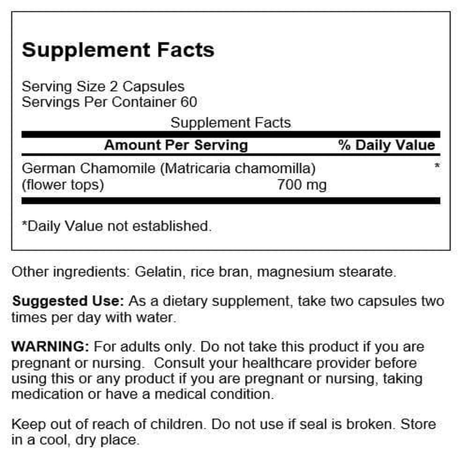 Supplement facts label on German Chamomile flower capsules showing ingredients and directions.