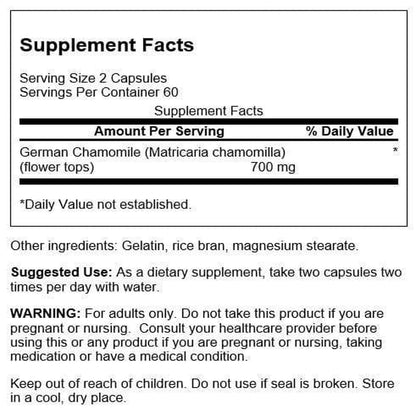 Supplement facts label on German Chamomile flower capsules showing ingredients and directions.