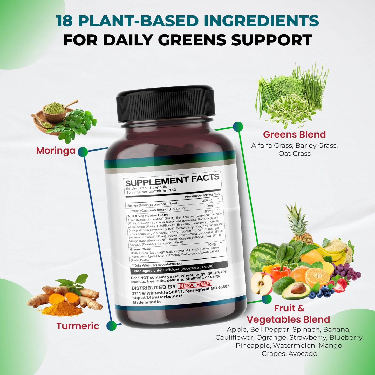 Ultra Herbs 18-in-1 capsules bottle showing 150 count