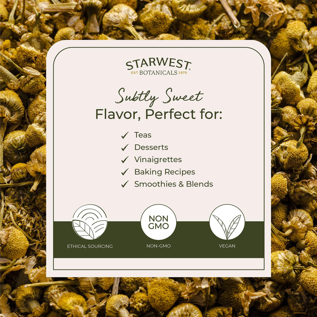 Closer shot of the certified organic and Kosher seal labels on the bulk Starwest Botanicals chamomile flower bag.