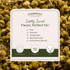 Closer shot of the certified organic and Kosher seal labels on the bulk Starwest Botanicals chamomile flower bag.