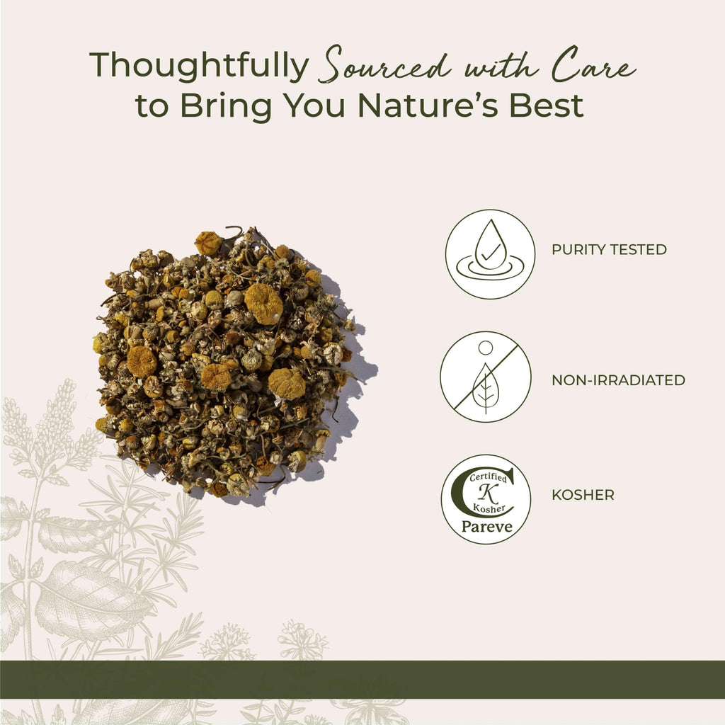 A cup of brewed golden chamomile herbal tea alongside loose Starwest Botanicals whole flower leaves.