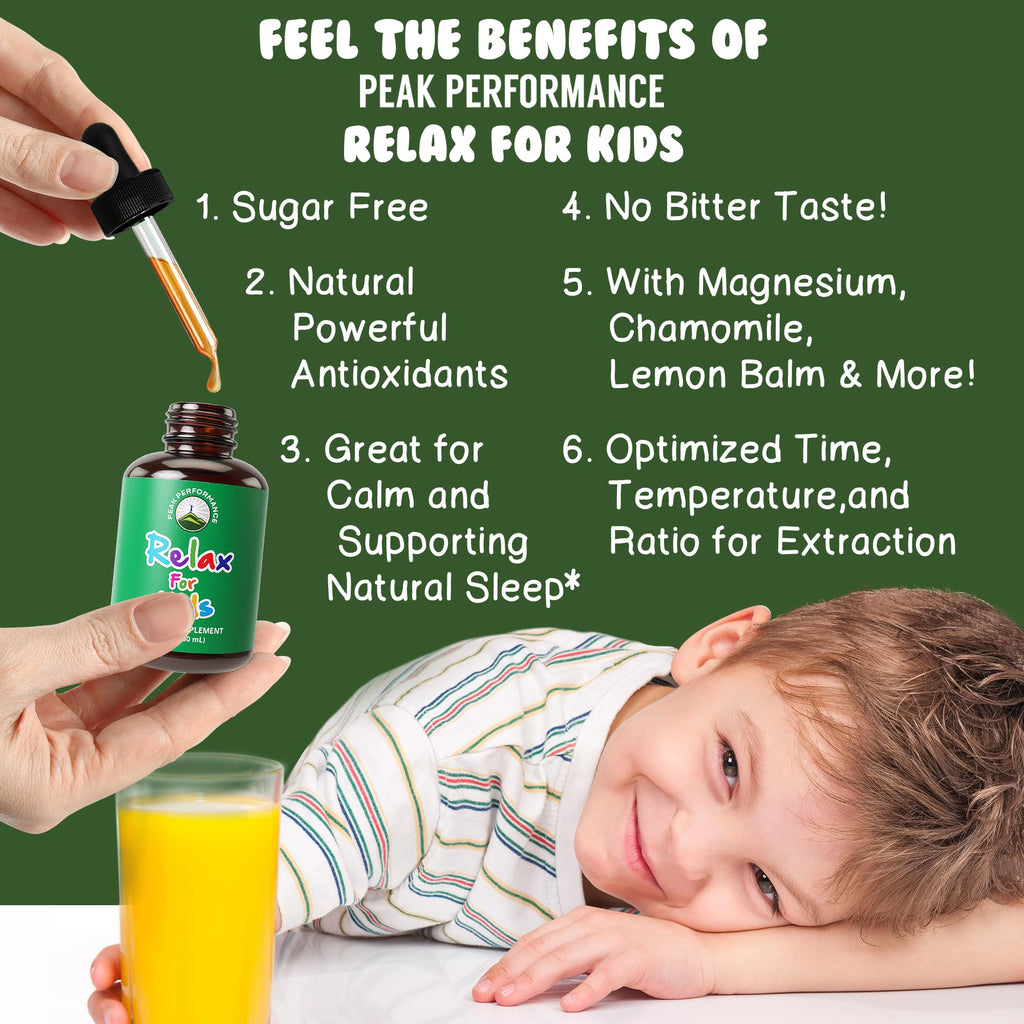 Peak Performance Kids Calm Drops back label showing magnesium and chamomile ingredients