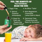 Peak Performance Kids Calm Drops back label showing magnesium and chamomile ingredients