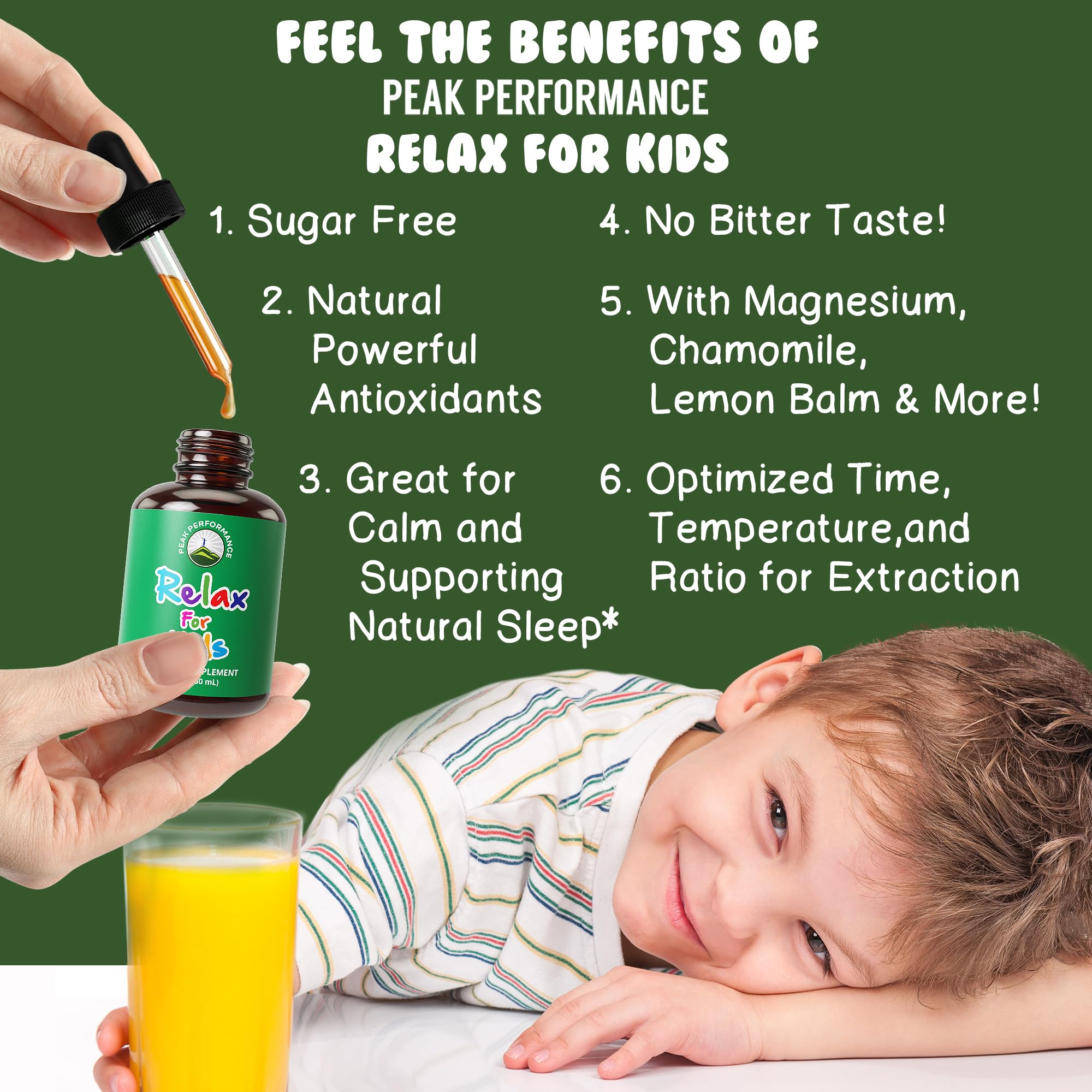 Peak Performance Kids Calm Drops back label showing magnesium and chamomile ingredients
