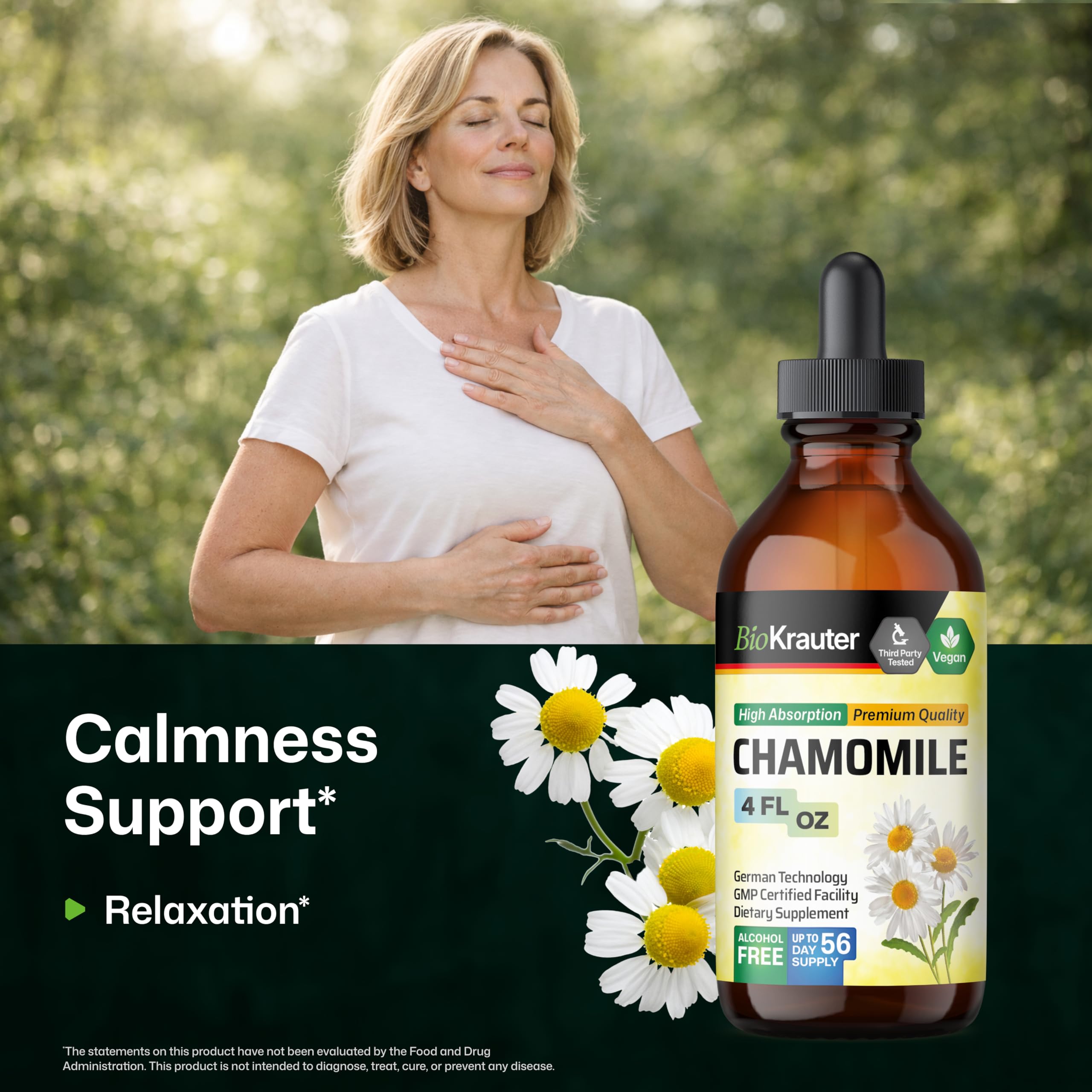 Bio Krauter Chamomile supplement bottle showing vegan and alcohol free label details
