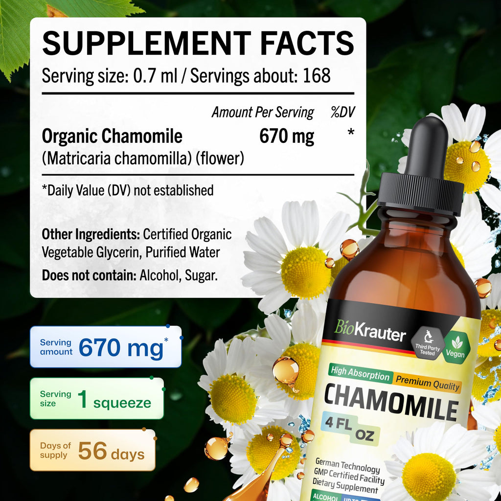 Back label of Bio Krauter Chamomile tincture displaying 670mg supplement facts