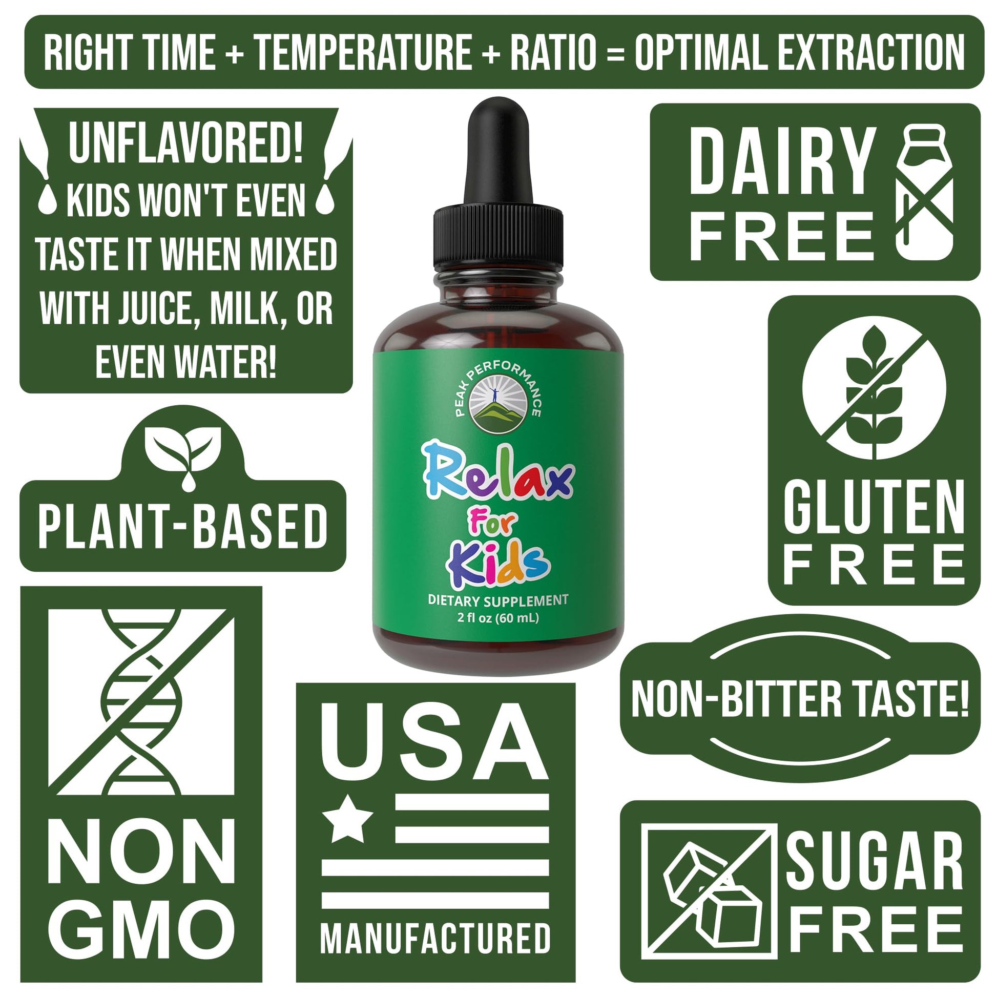 Peak Performance Kids Calm Liquid Drops premium imported wellness supplement product display