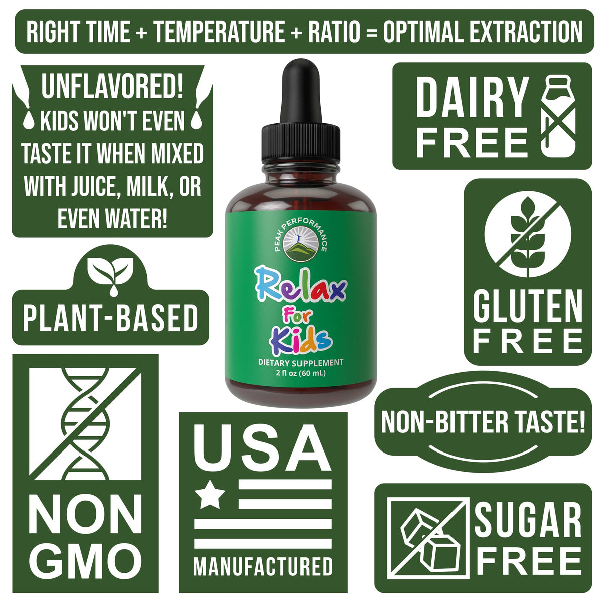 Peak Performance Kids Calm Liquid Drops premium imported wellness supplement product display