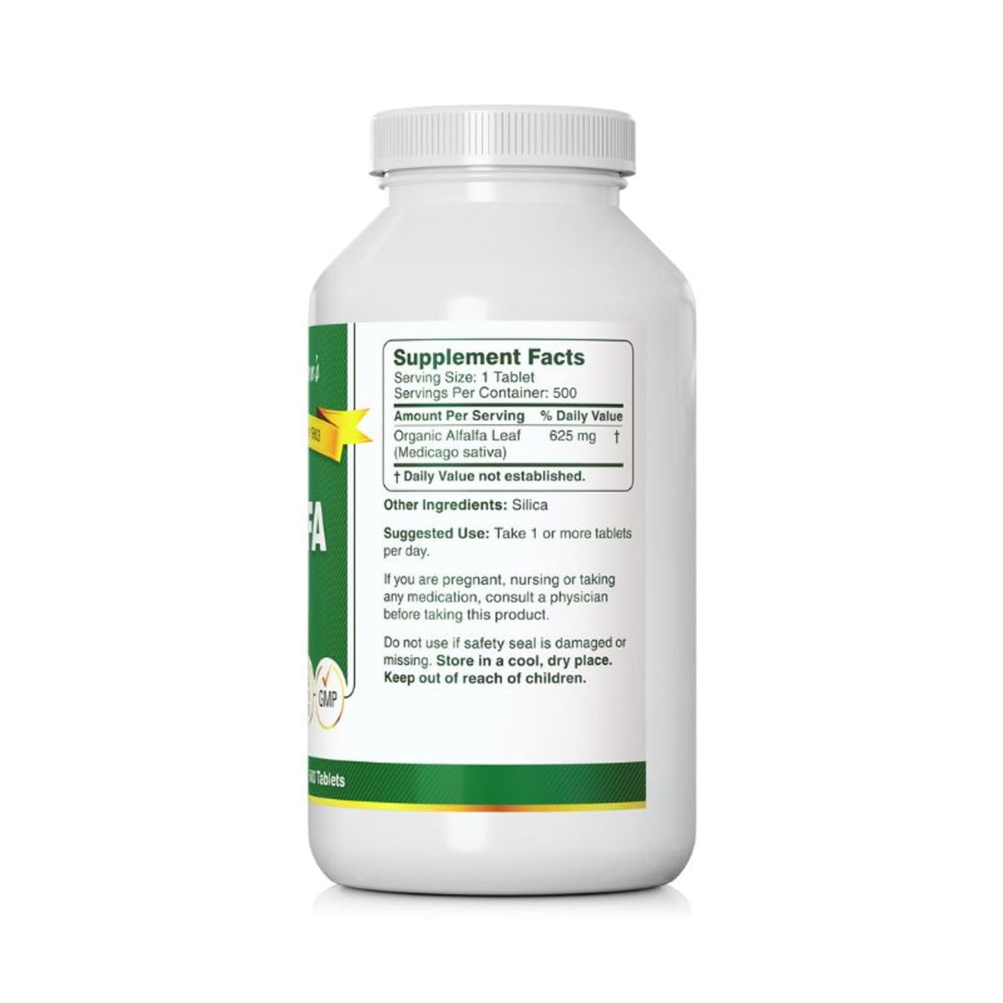 Side view of Bernard Jensen's Alfalfa 625mg herbal supplement bottle