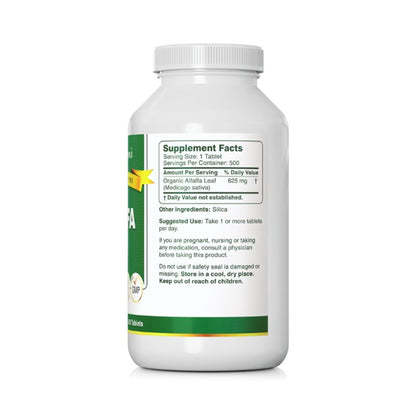 Side view of Bernard Jensen's Alfalfa 625mg herbal supplement bottle