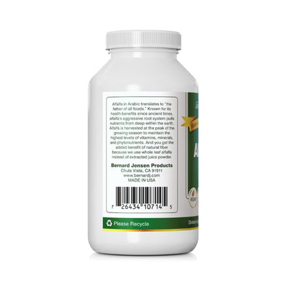 Close up of Bernard Jensen's Alfalfa tablets dietary information