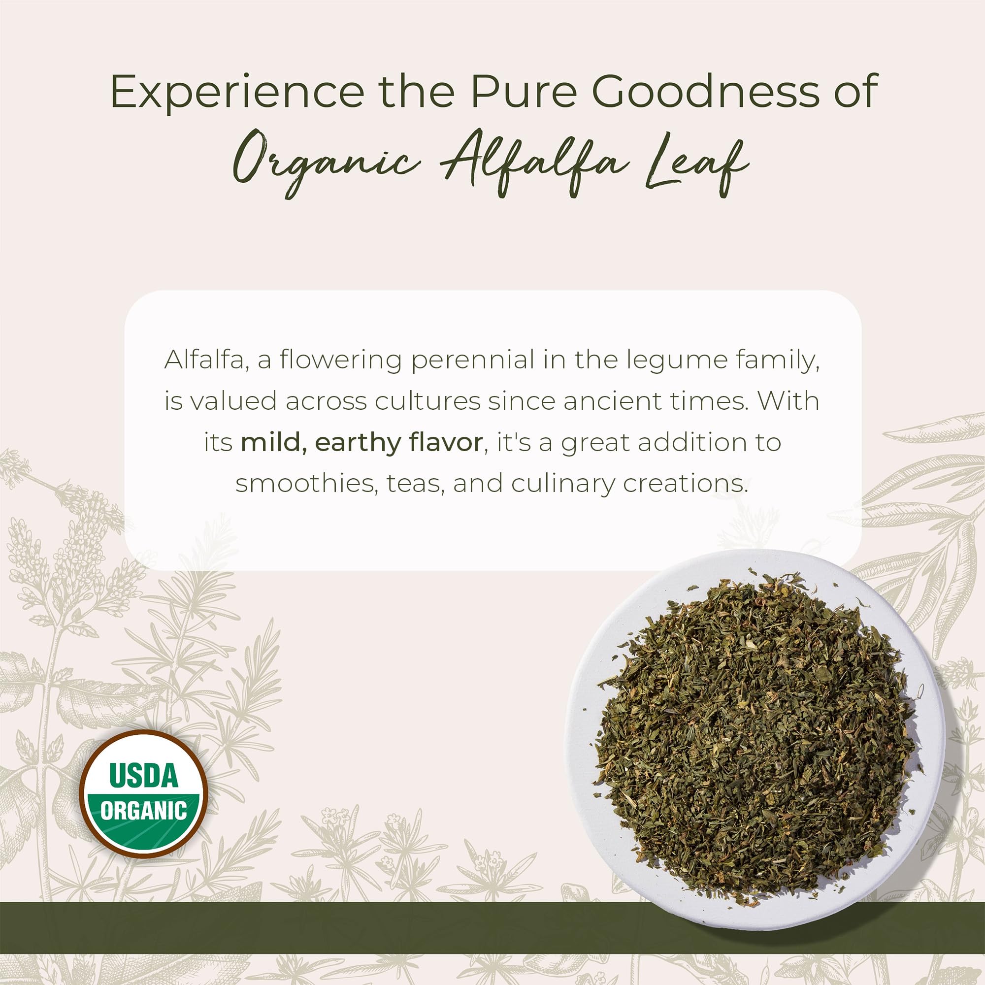 Close up of Starwest Botanicals cut and sifted organic alfalfa herb