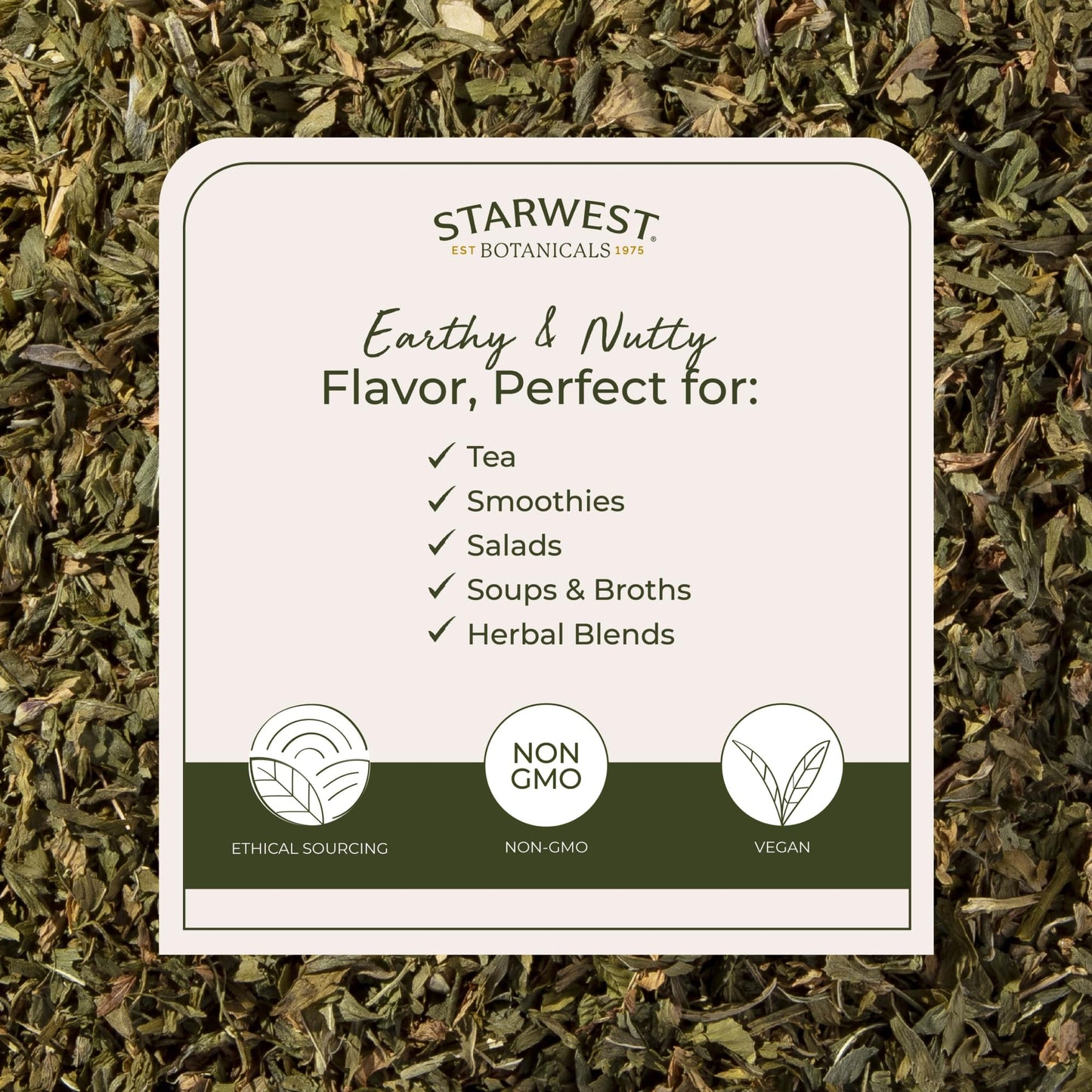 Back label of Starwest Botanicals alfalfa leaf with certification logos