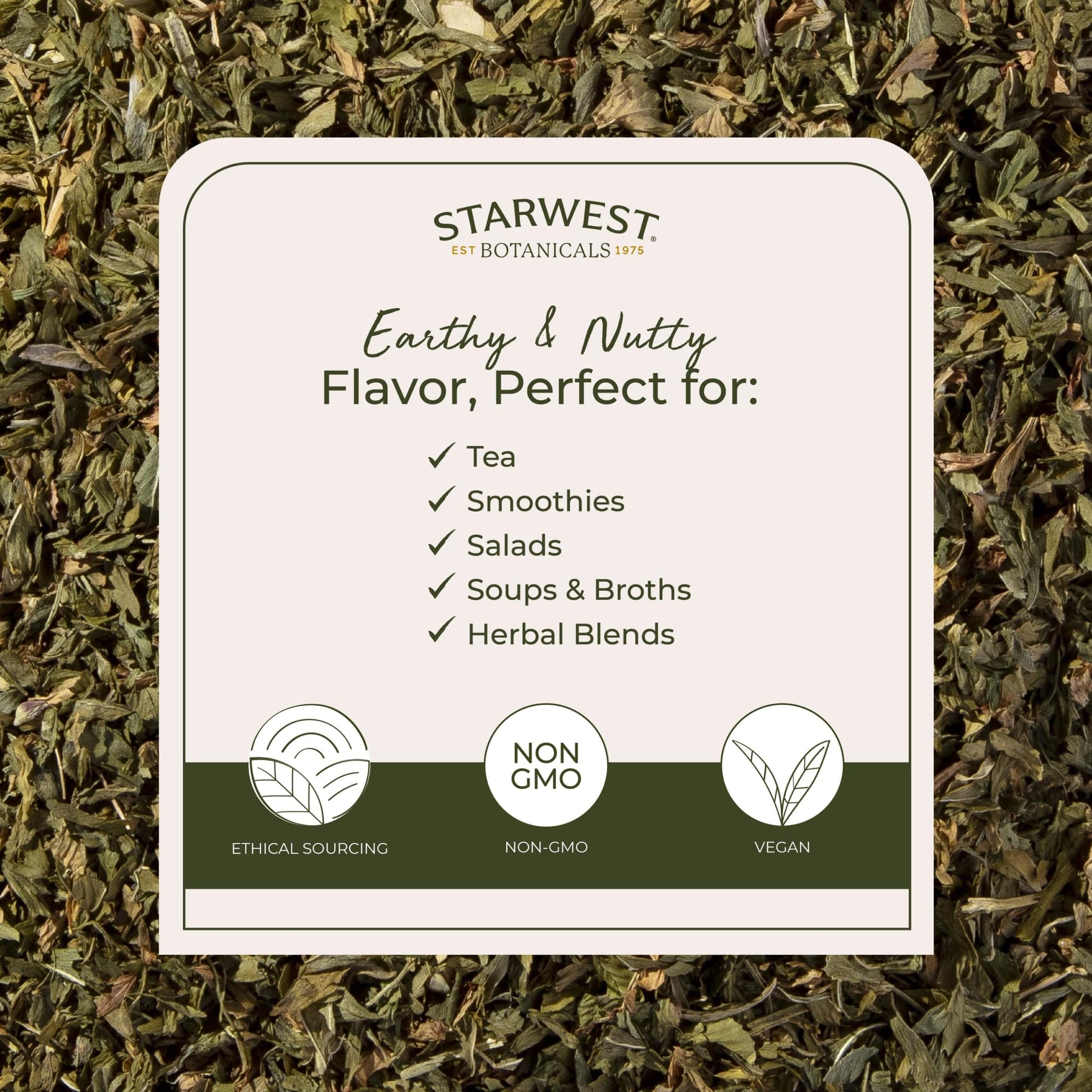 Back label of Starwest Botanicals alfalfa leaf with certification logos
