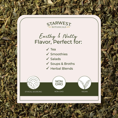 Back label of Starwest Botanicals alfalfa leaf with certification logos