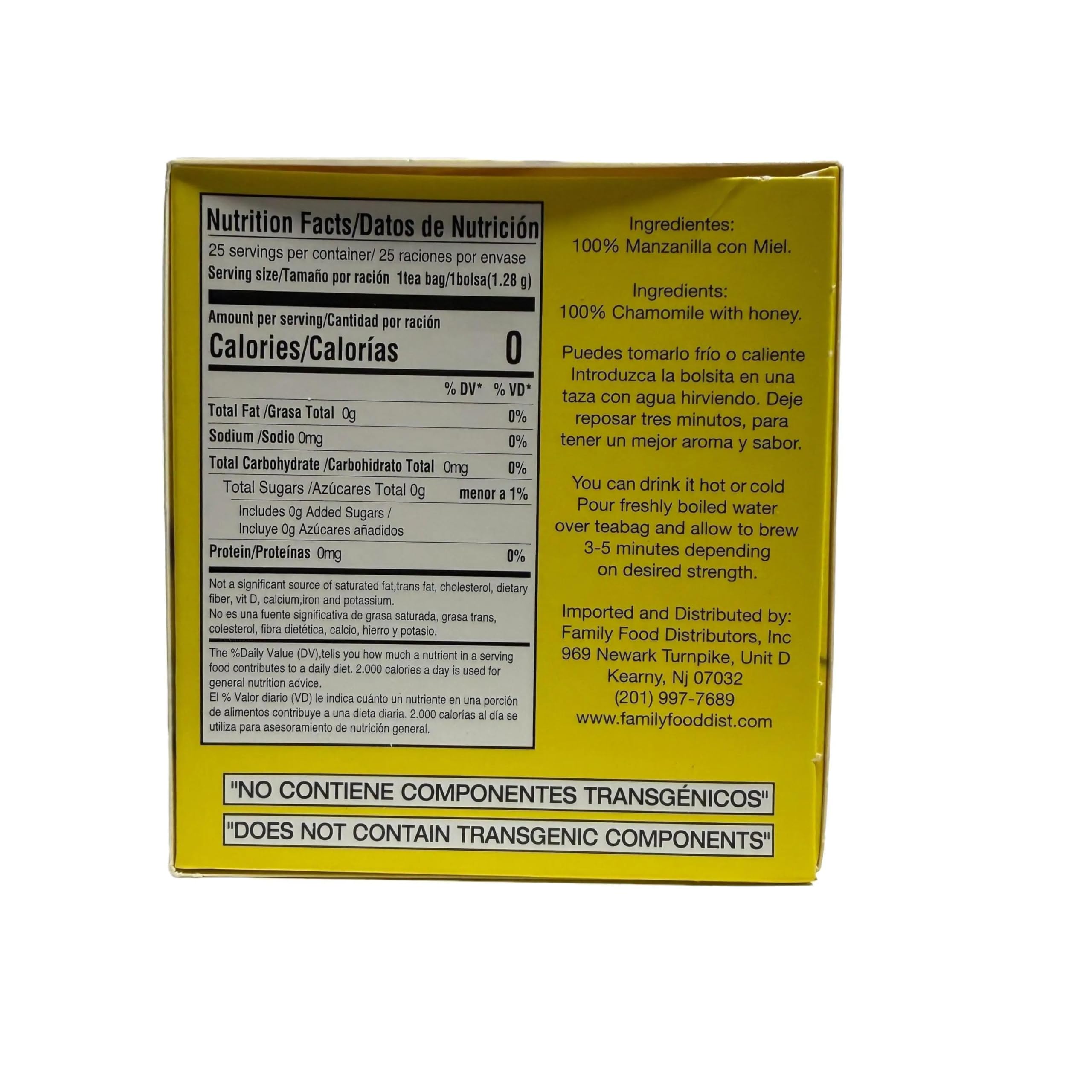Manzanilla Miel chamomile tea bag packaging showing premium natural ingredients.