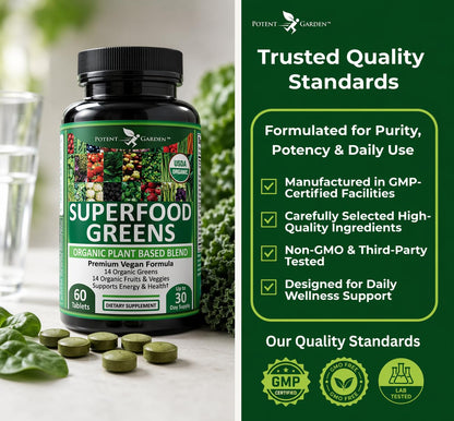 Potent Garden superfood greens 120 count bottle side profile