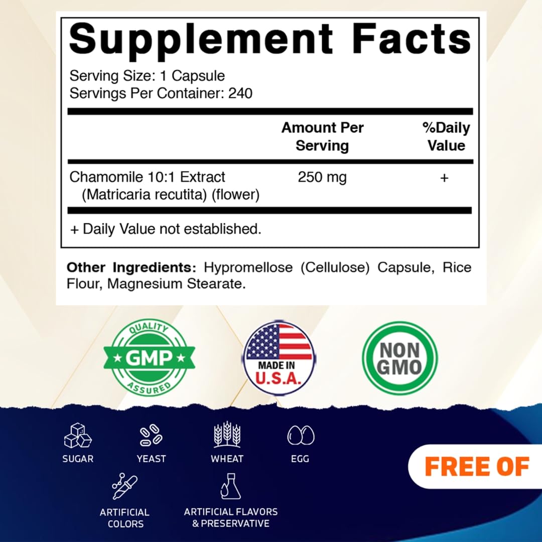 Vitamatic Chamomile 250mg 10 to 1 concentrated extract supplement bottle angle view