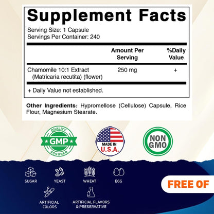 Vitamatic Chamomile 250mg 10 to 1 concentrated extract supplement bottle angle view