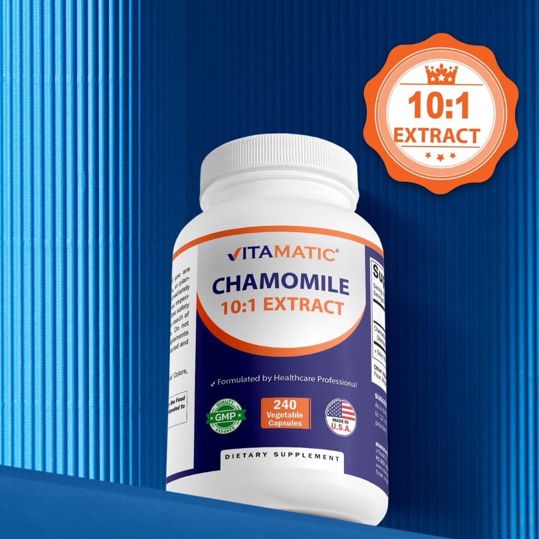 Vitamatic Chamomile herbal supplement packaging showing professional GMP assured seal