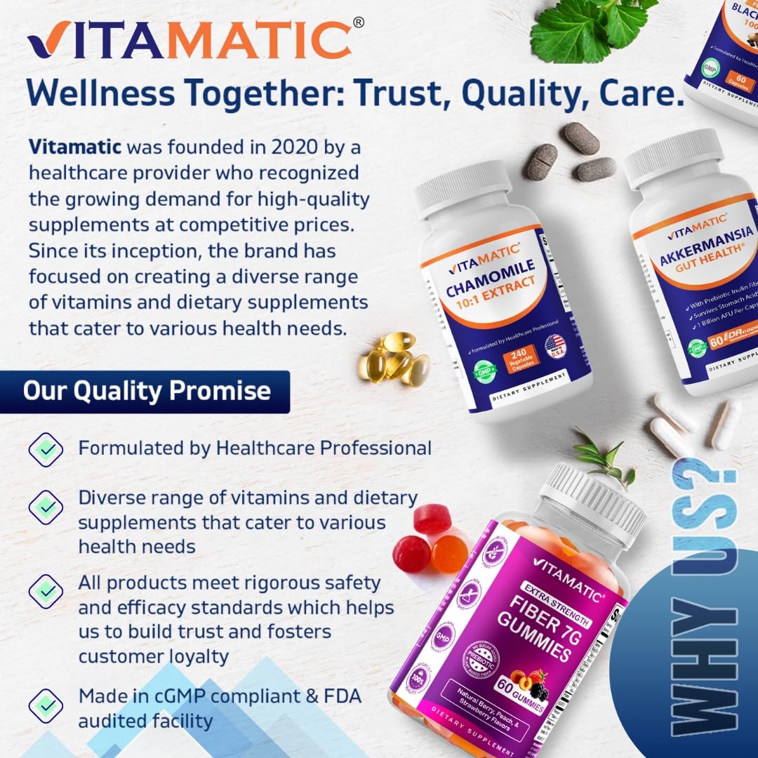 Close up view of Vitamatic Chamomile dietary supplement 240 vegetable capsules bottle