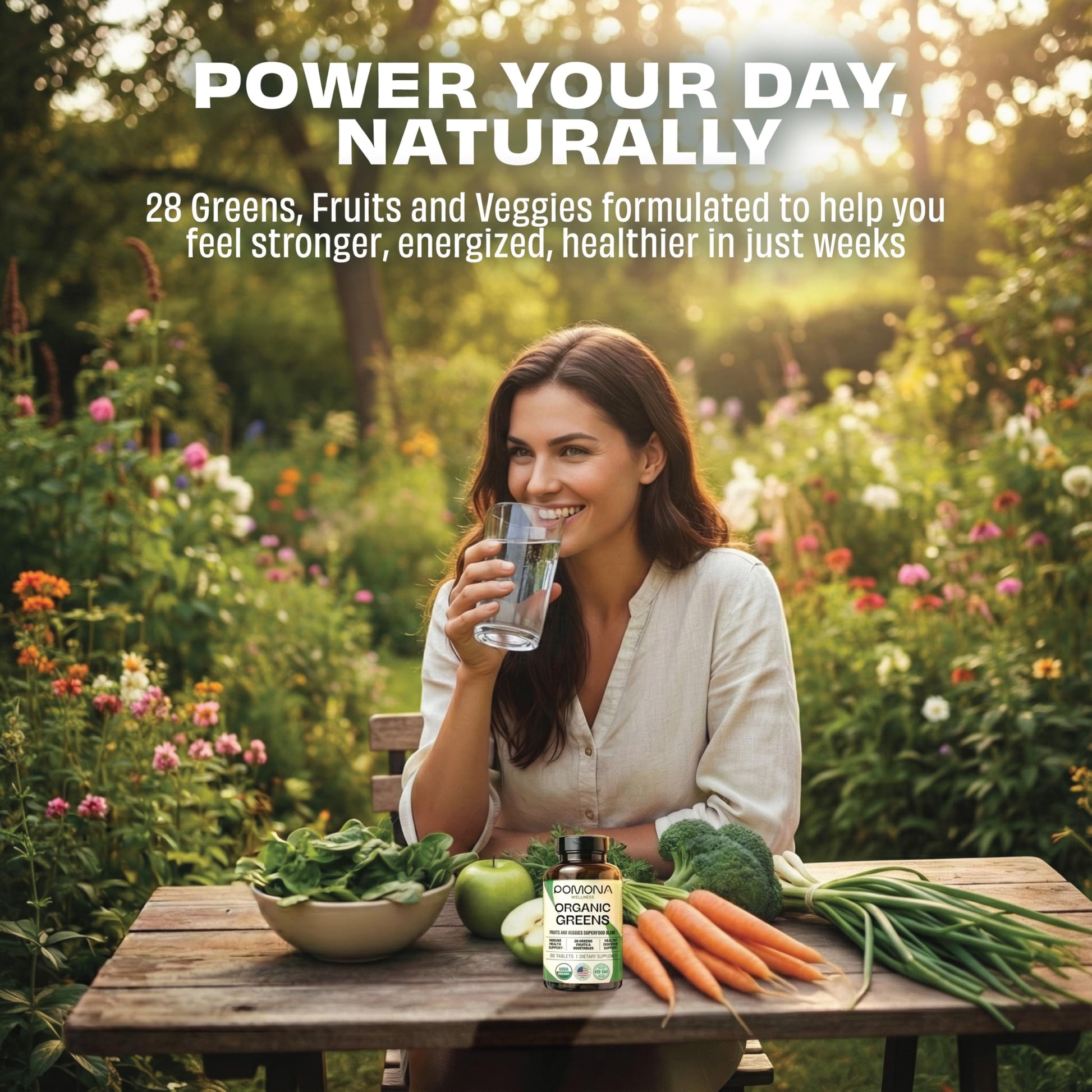 Side view of Pomona Wellness organic greens supplement