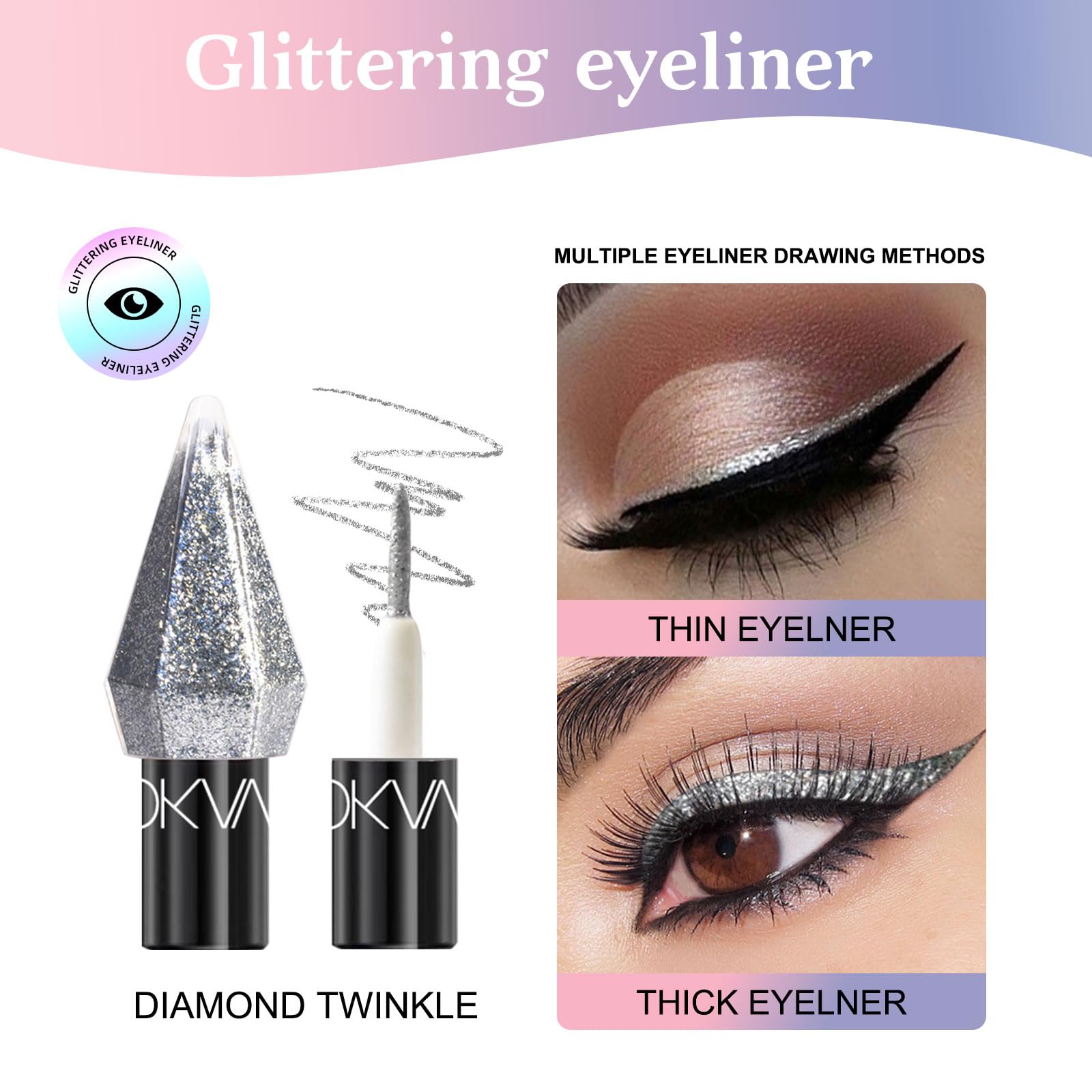 Model applying liquid glitter eyeliner on eyelid