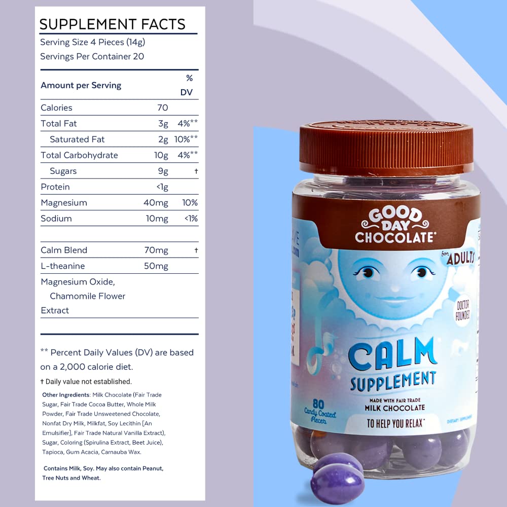 Good Day Chocolate Calm supplement bottle showing active ingredients list