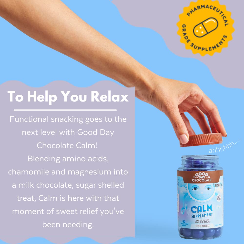 Candy coated milk chocolate pieces spilling out of the calming supplement container