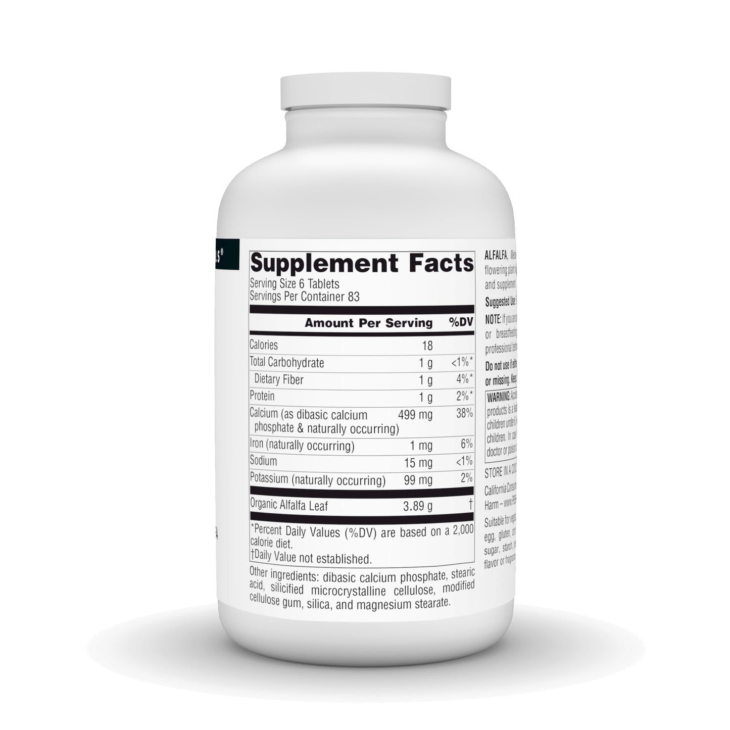 Back of Source Naturals Alfalfa 500 tablets bottle showing ingredients
