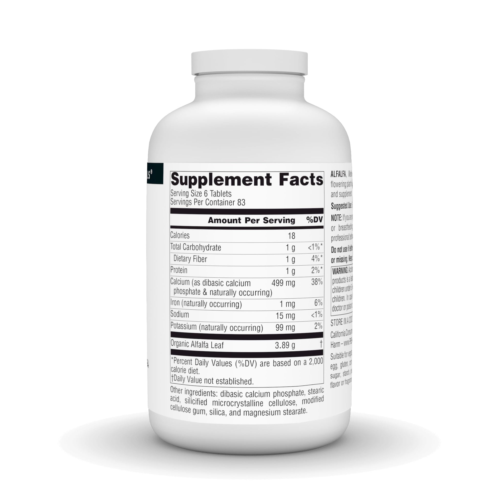 Back of Source Naturals Alfalfa 500 tablets bottle showing ingredients