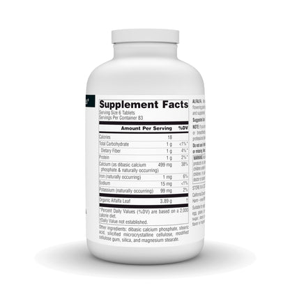 Back of Source Naturals Alfalfa 500 tablets bottle showing ingredients