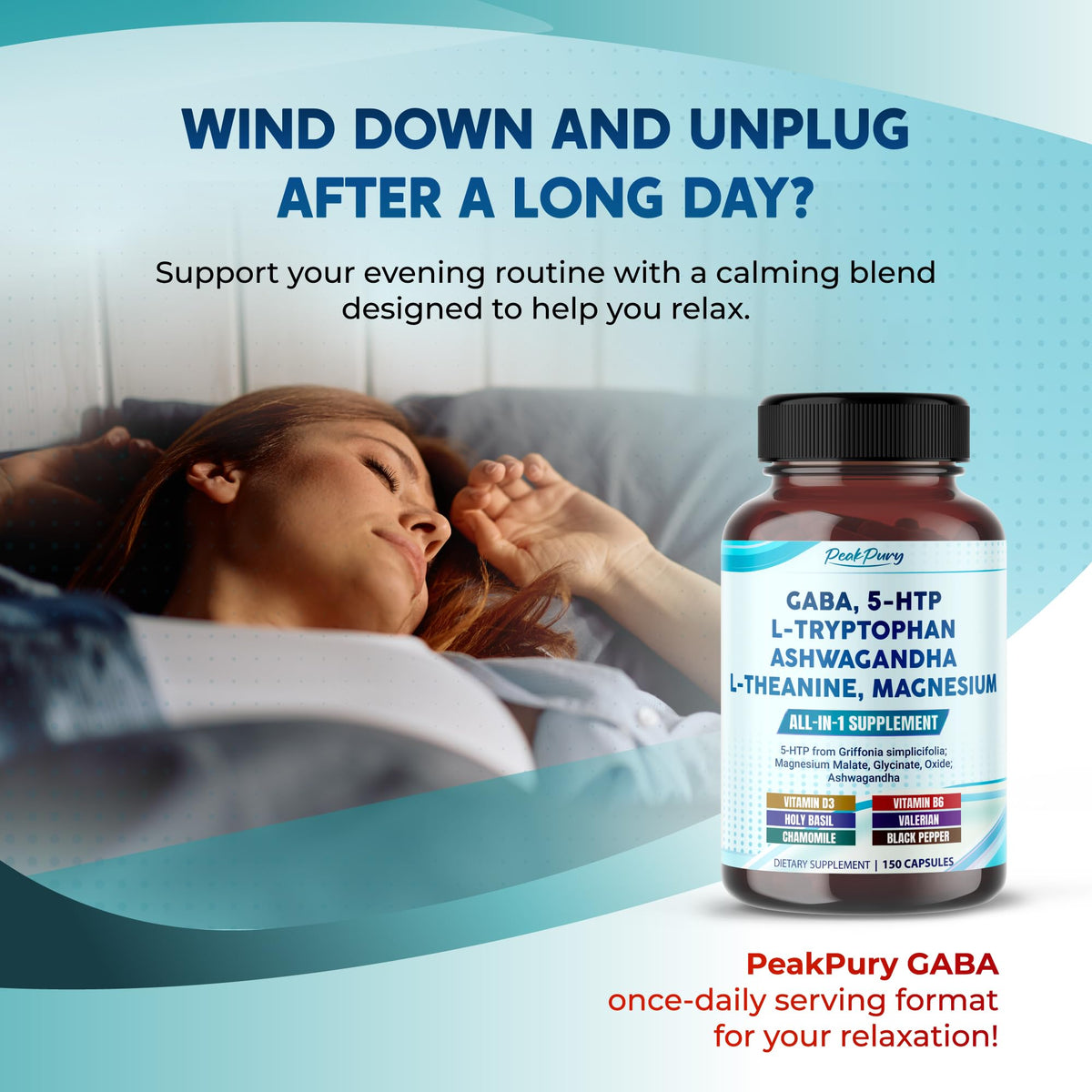 PeakPury natural relaxation supplement bottle showcasing the 12-in-1 formula label.