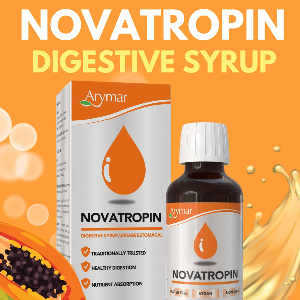 Arymar Novatropin four fluid ounce bottle showing the natural papain and anise oil ingredients list