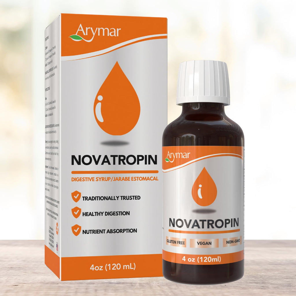 Close up of Arymar Novatropin digestive syrup bottle showing dosage instructions and directions for use