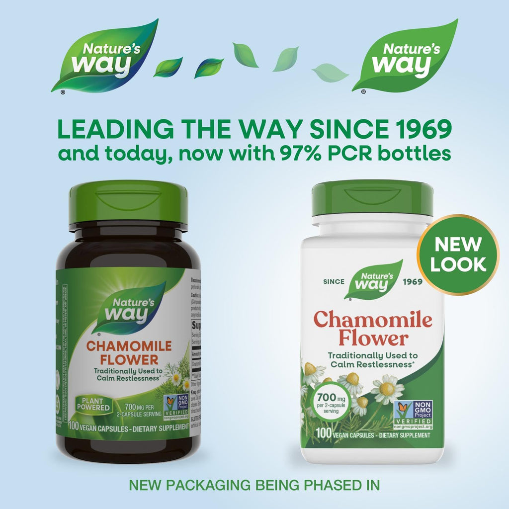 Nature's Way Chamomile Flower dietary supplement showing ingredient label and TRU-ID certification.