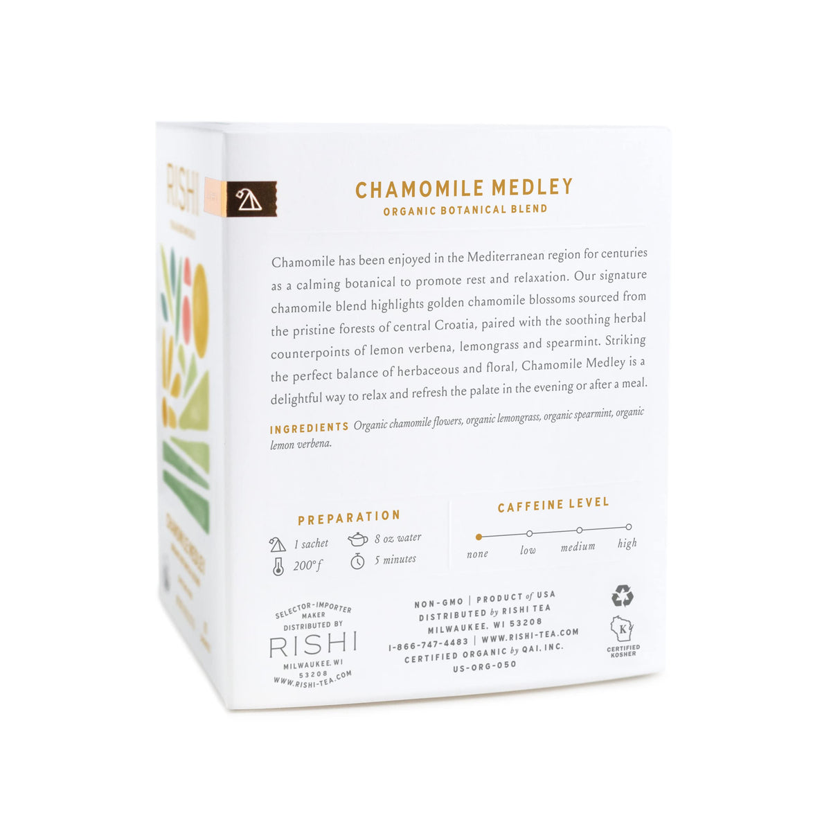 Rishi Chamomile Medley caffeine free tea sachets packaging display