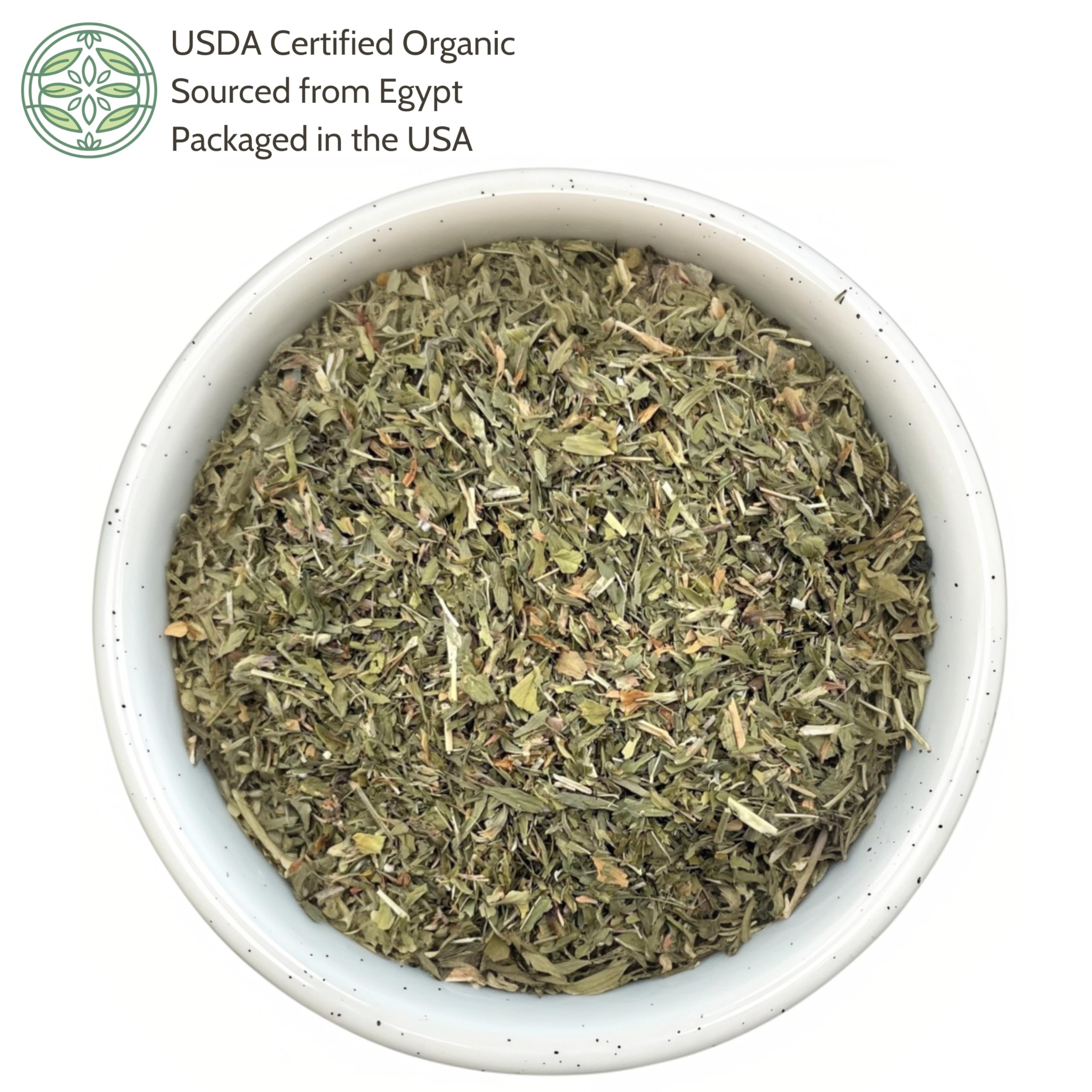 Close up of Elanen Naturals organic cut and sifted alfalfa leaf herb
