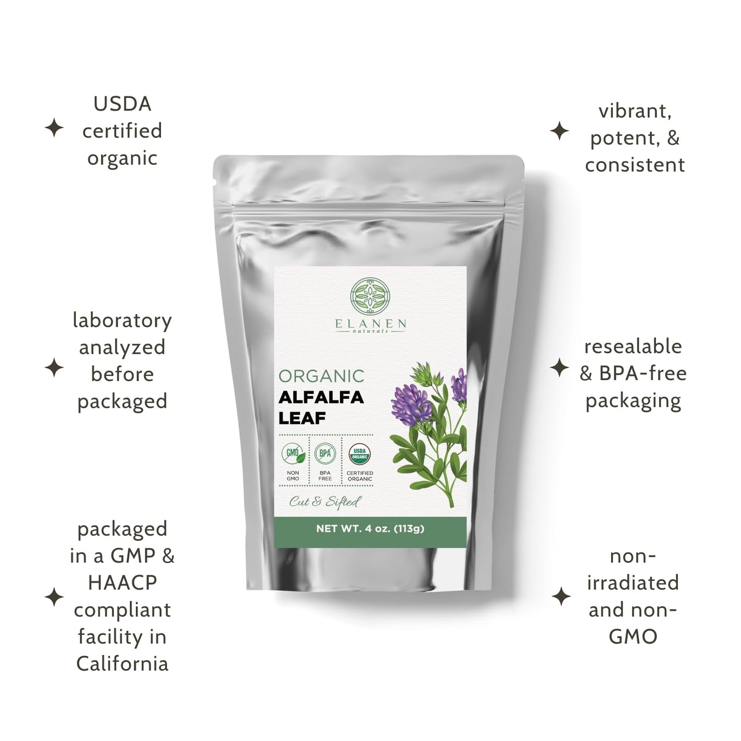 USDA organic certification seal on Elanen Naturals alfalfa leaf bag