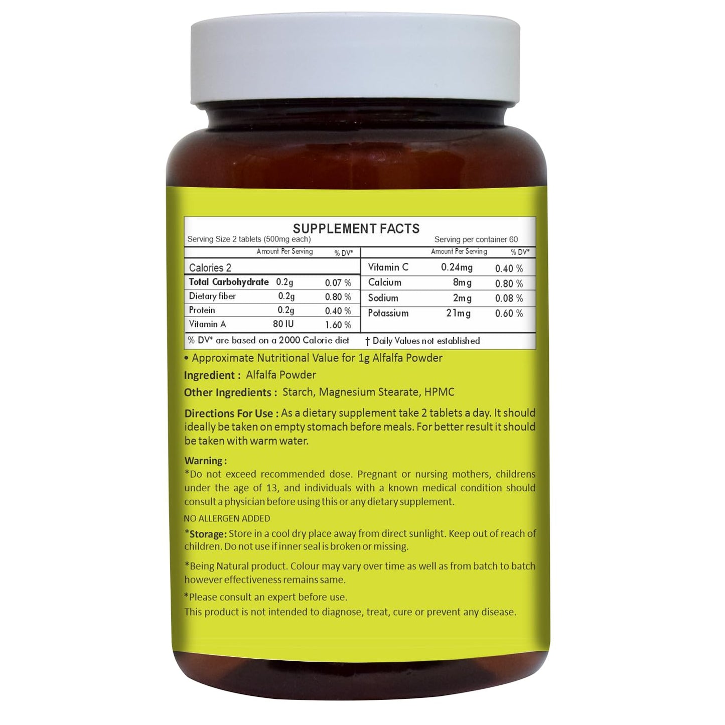 Close up of Herbal Hills Alfalfa green superfood label