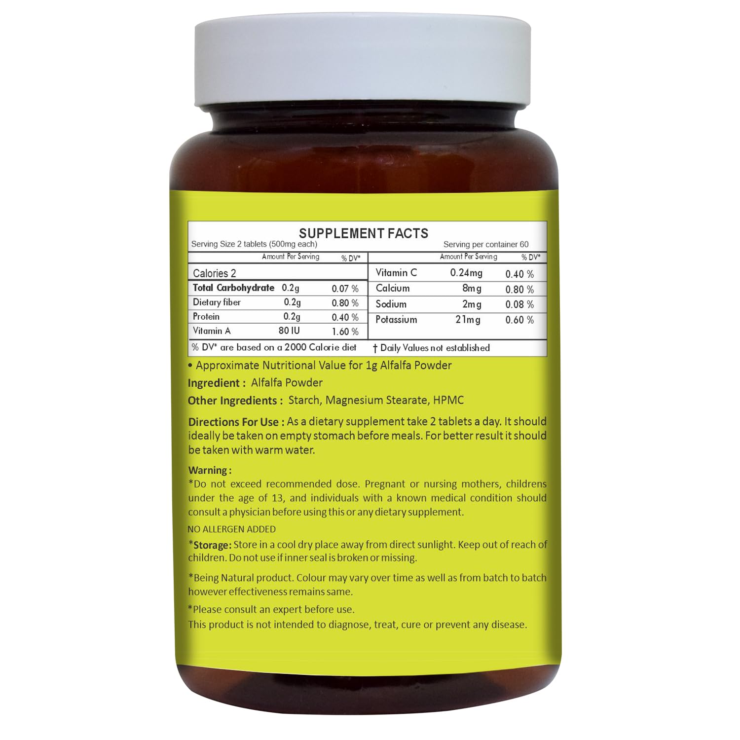 Close up of Herbal Hills Alfalfa green superfood label