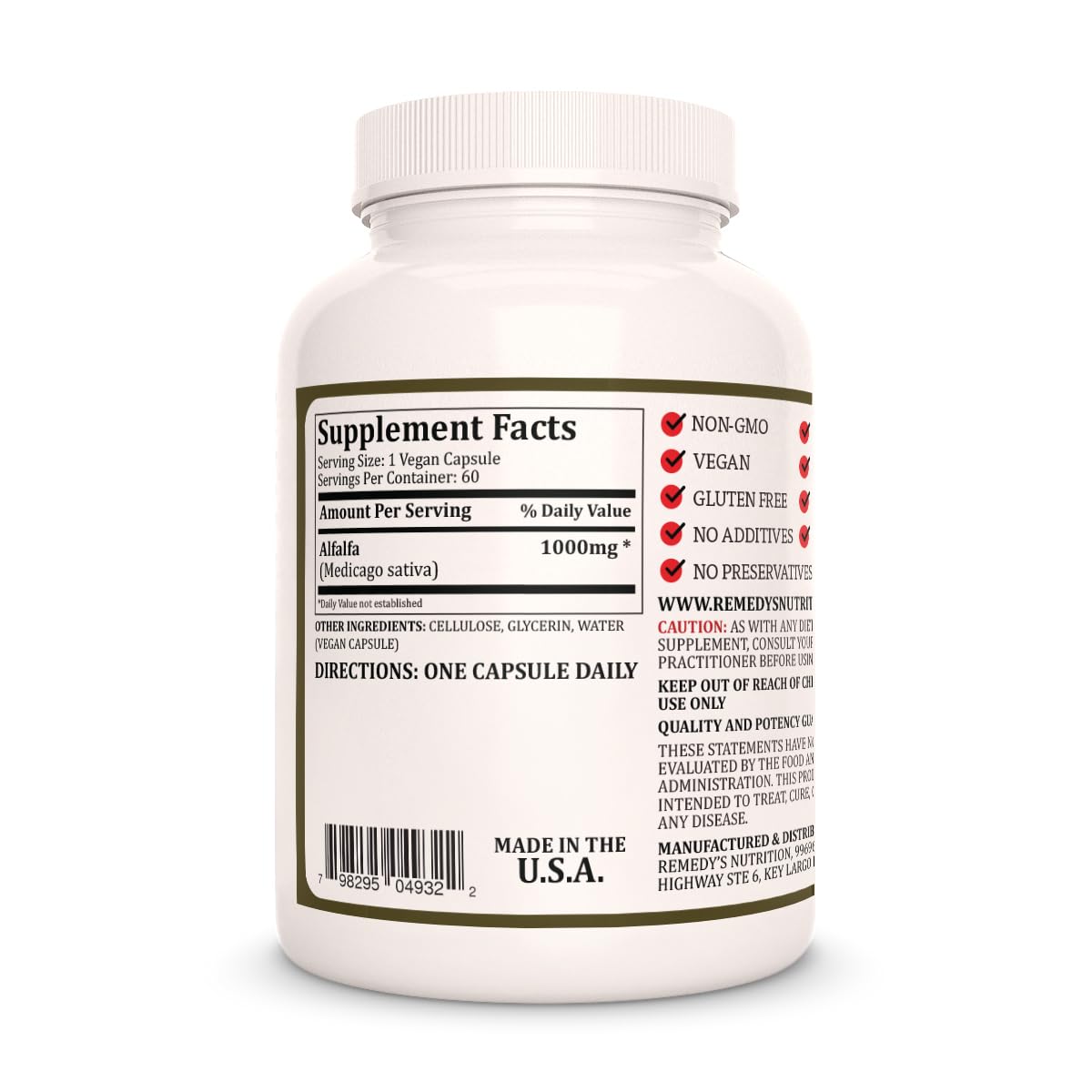 Remedy’s Nutrition Alfalfa dietary supplement bottle side view