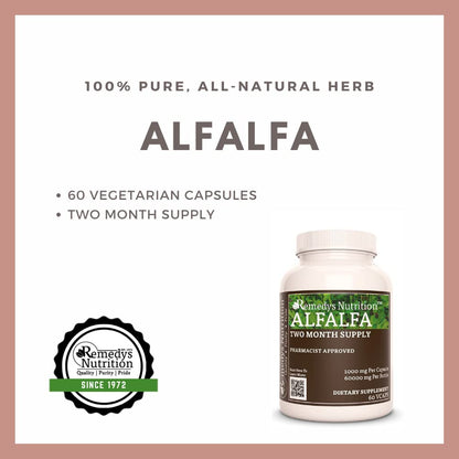 Back label of Remedy’s Nutrition Alfalfa 60 count bottle